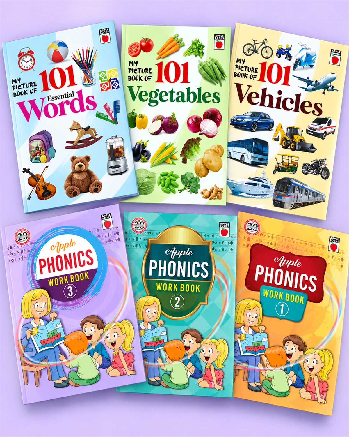 Six Apple Books pre-school titles - My Picture Book of 101 Essential Words, Vegetables and Vehicles, and three Apple Phonics work books - fanned out on a lilac ground