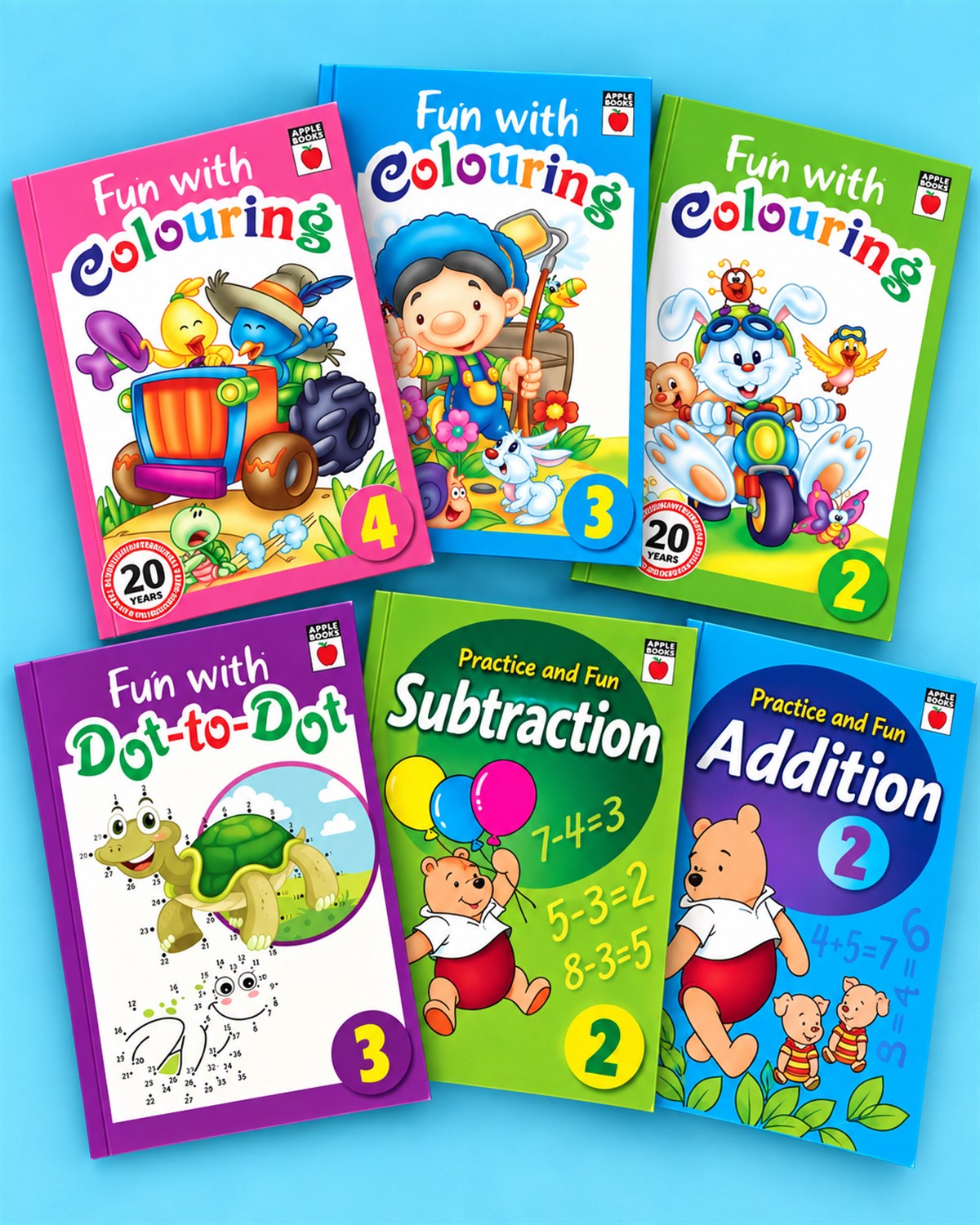 Six Apple Books activity titles - Fun with Colouring, Dot-to-Dot, Addition and Subtraction - fanned out on a blue ground